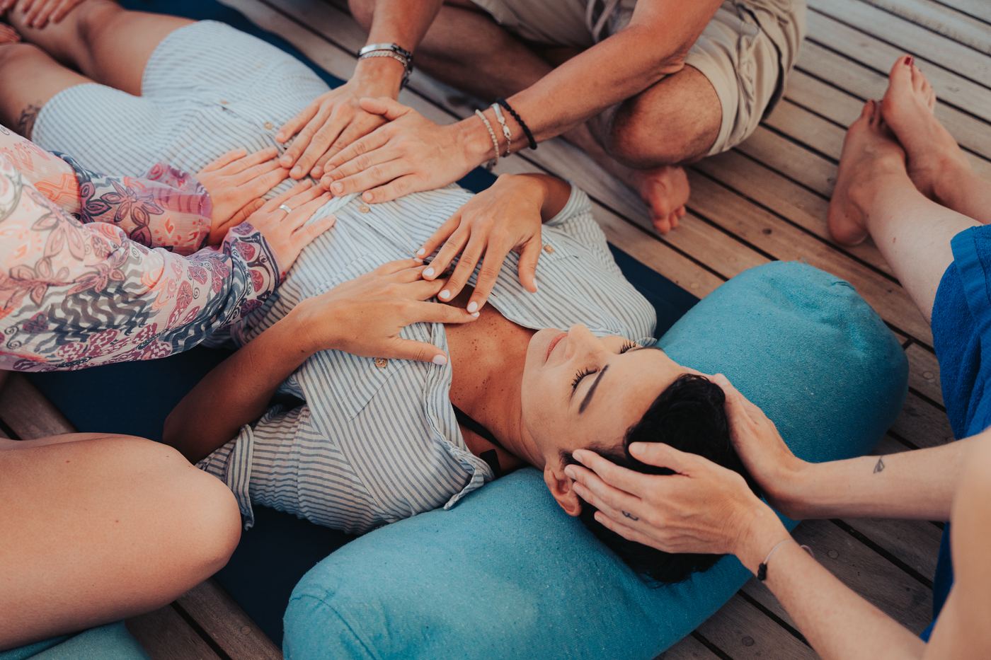 A group healing circle on deck