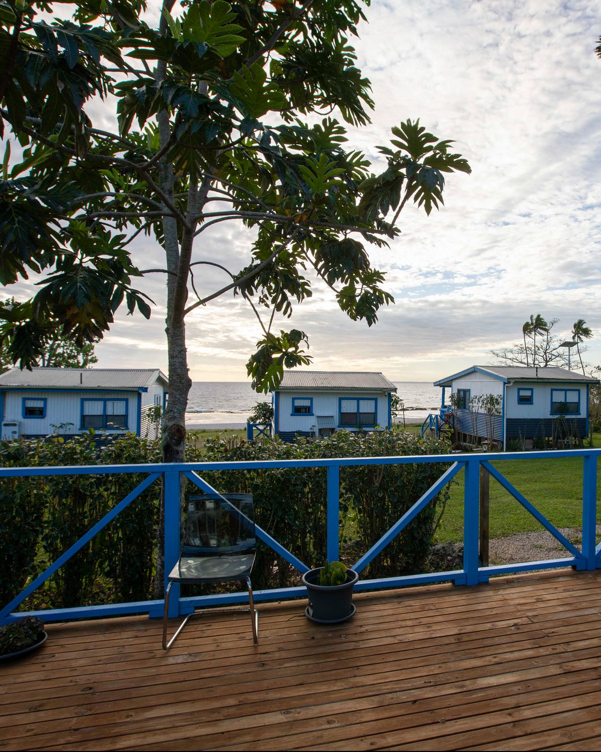 Beachfront cottages at sunset on 'Eua, Tonga